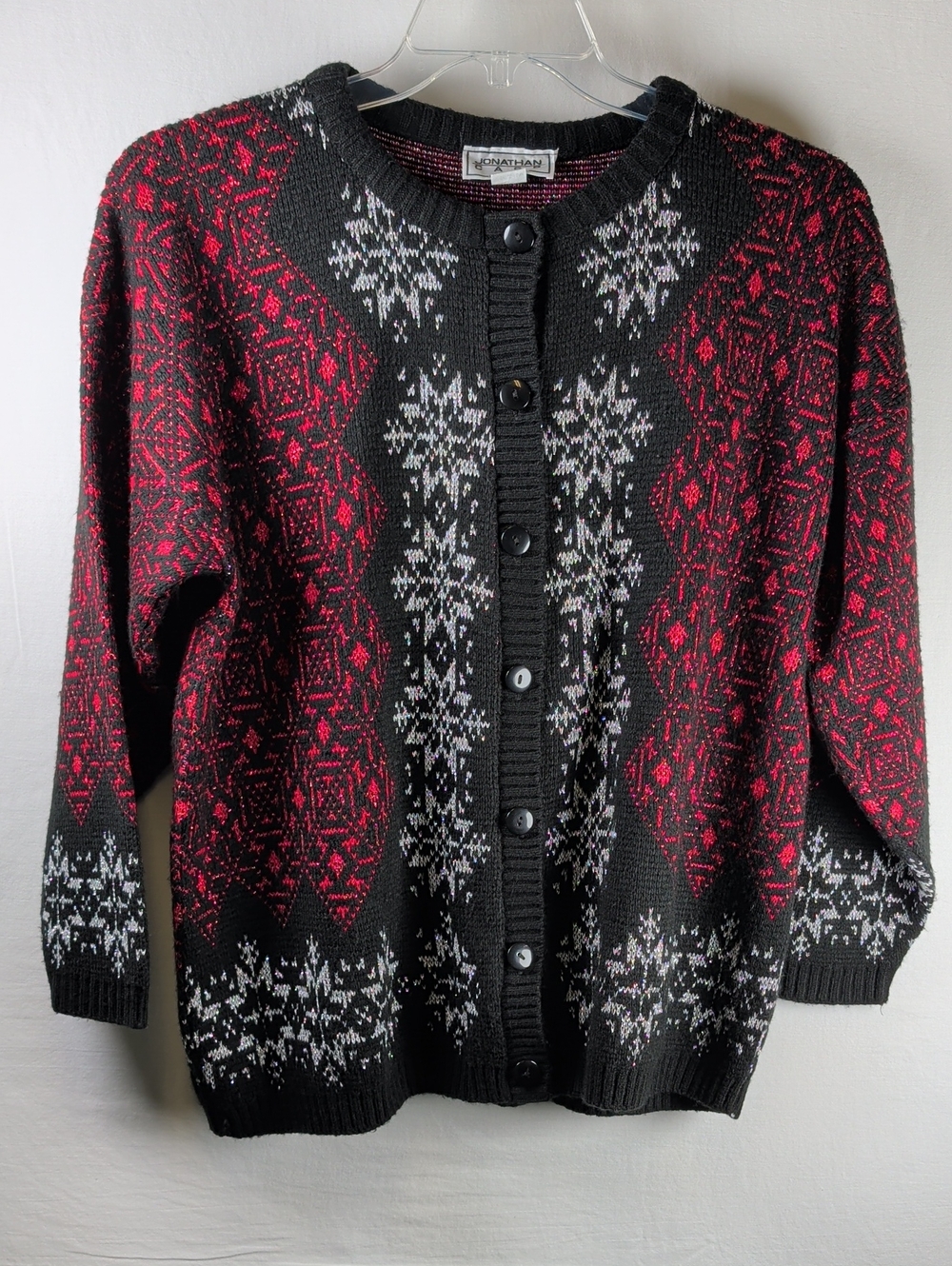 Jonathan Cass Black Red Metallic Fair Isle Button Cardigan - Size 18W - Vintage